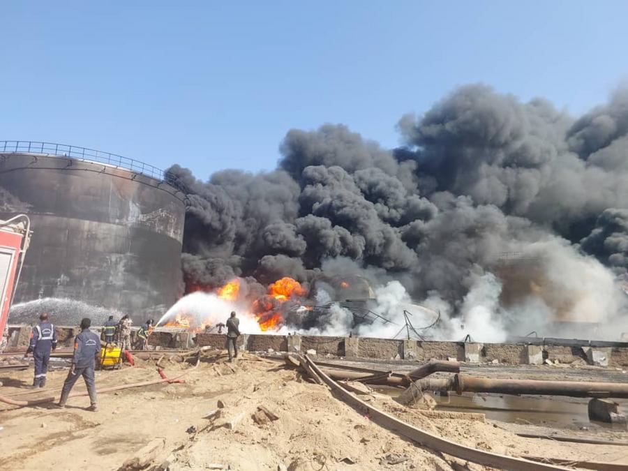 Firefighters battle a fire after a drone attack on a fuel depot in Port Sudan, eastern Sudan, on May 6, 2025. (Sudanese Ministry of Culture and Information/Handout via Xinhua).