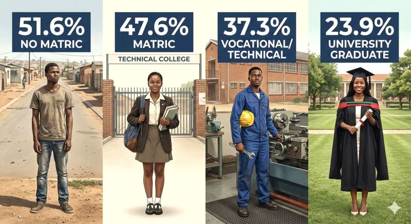 The graphic illustrates a dramatic funnel effect in educational progression. While a majority of learners reach the matriculation level, less than a quarter ultimately achieve a university degree, with only slightly more than one in three pursuing a vocational or technical pathway.