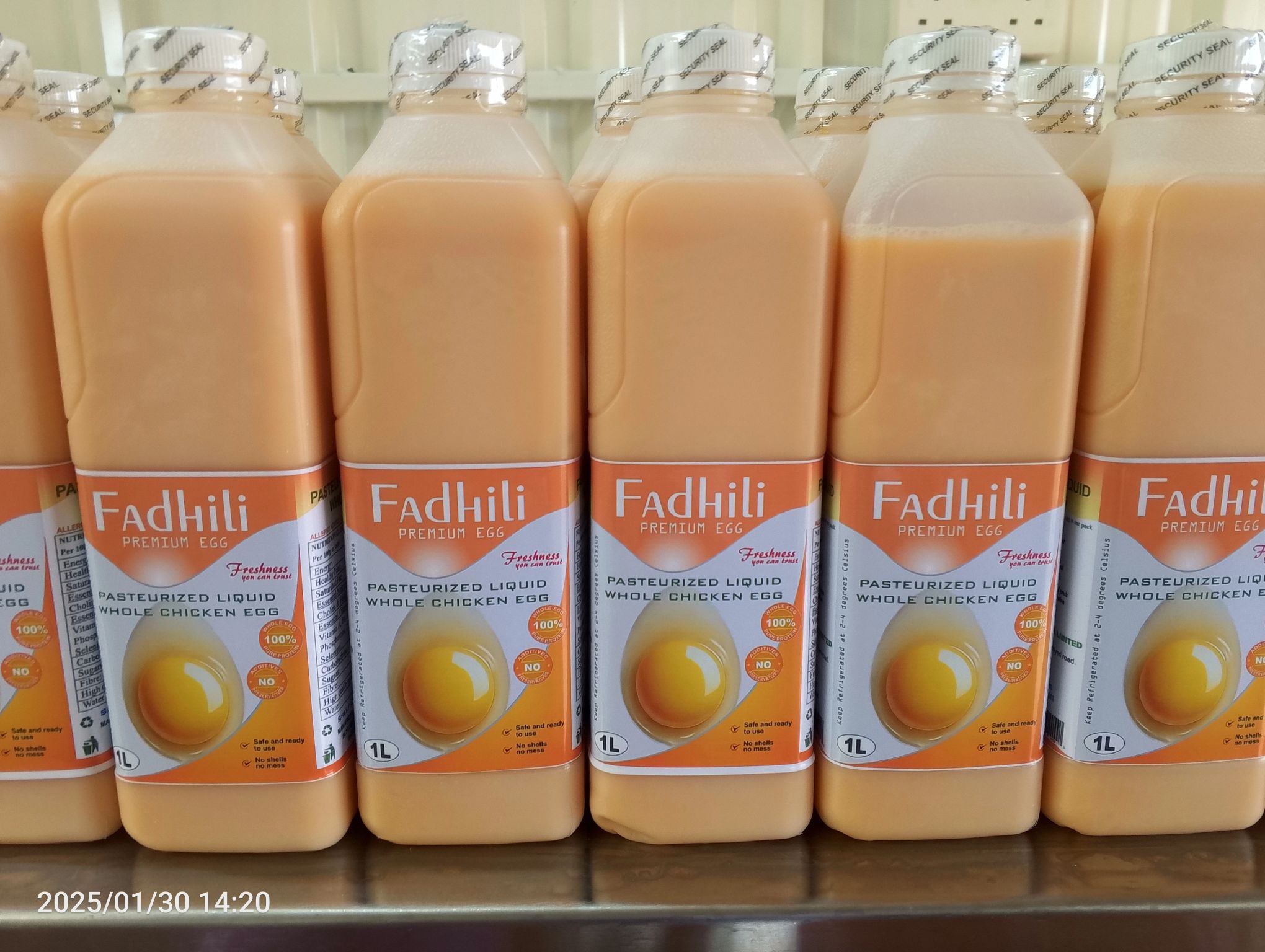 Sample of liquid eggs packaged for distribution at Dheiton Ventures Ltd in Nyahururu, Kenya.