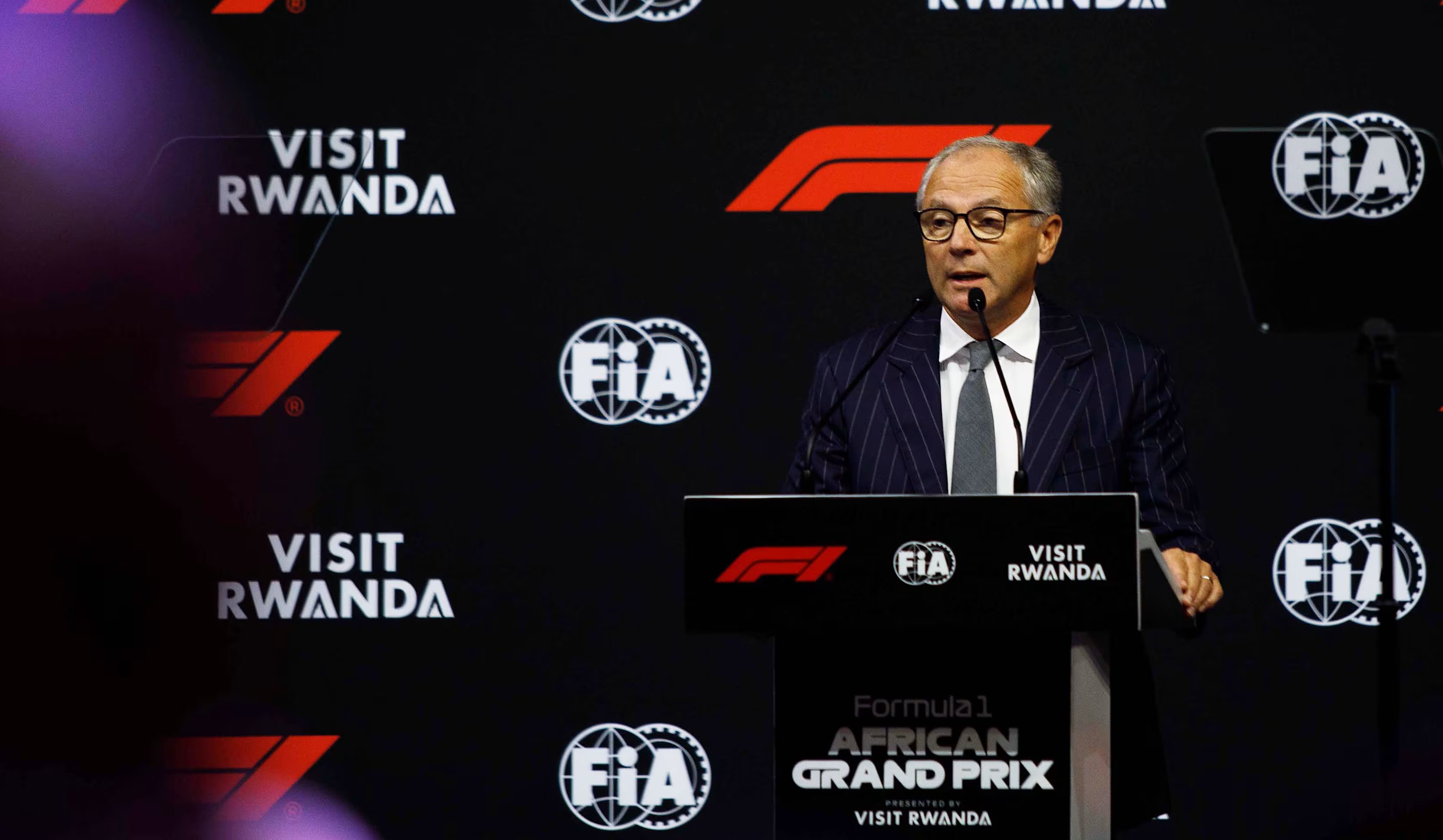 Stefano Domenicali was joined on stage by the President of Rwanda Paul Kagame and FIA President Mohammed Ben Sulayem to announce the historic agreement