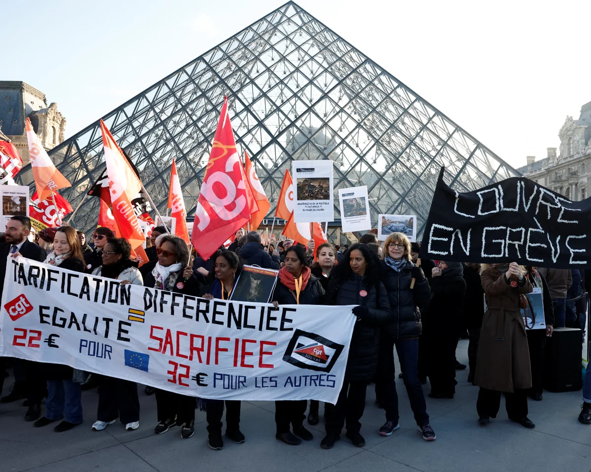 The Louvre was unable to open as scheduled on Monday because of protesters blocking its entrance. Photograph: Abdul Saboor/Reuters